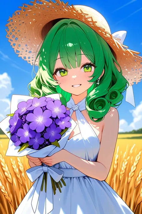 Woman. She has slightly curly green hair and light green eyes. She has fair skin. She is dressed in a delicate, beautiful dress with a collar and a neat white bow around her neck. She is holding a large bouquet of purple flowers in her hands. She wears a l...