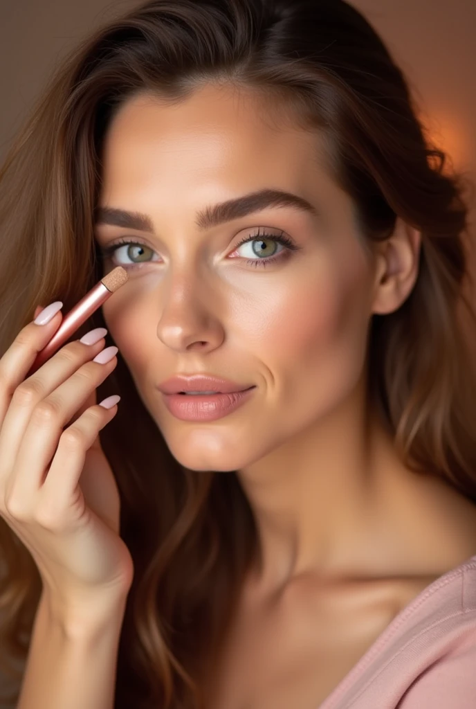 Une femme réaliste glamour avec une peau lumineuse applique son maquillage à l'aide d'un stylo 4-en-1 au design pastel rose. Elle utilise le crayon à lèvres nude pour sublimer son sourire. Son regard est expressif, avec un maquillage impeccable. L'ambiance...