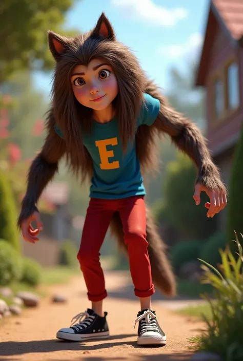 Create Pixar's image of the one with long, straight and brown hair,  black eyes,  blue shirt with the yellow letter E, red pants and black sneakers , Becoming a werewolf