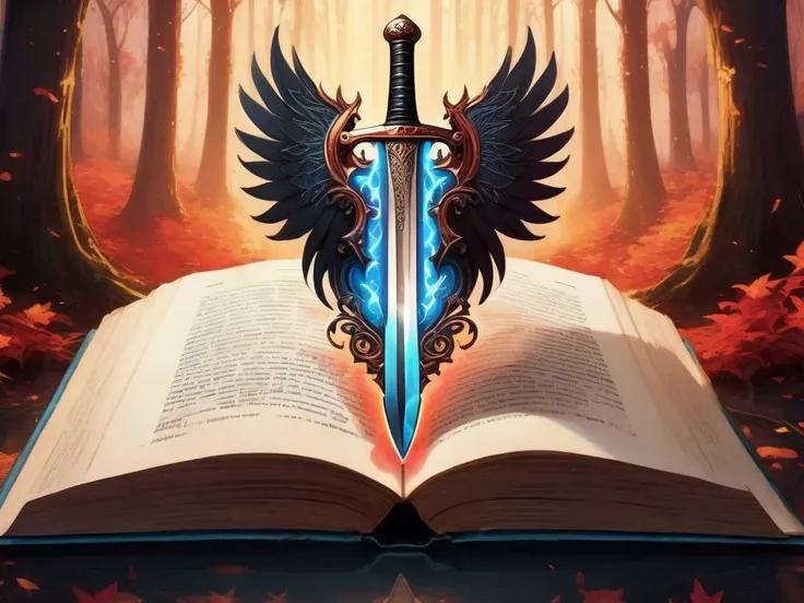  Cute cartoon ,  cute cartoonsAF , ( Cute cartoon style :1.3), ( on an old book page with Gothic ornaments :1.3). | ((  adorned Gothic of a legendary sword and a shield lying down)), lake, surrounded by a tall forest . |  The sword has a captivating divine...