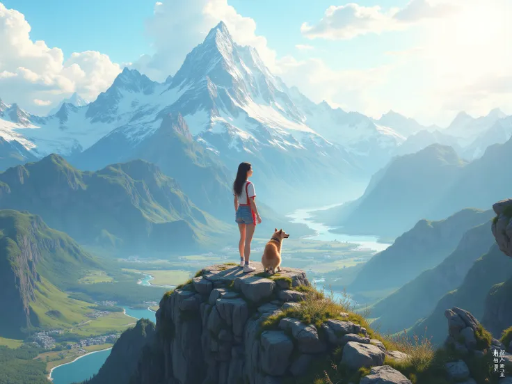 Plan large, vue d'ensemble.  photorealistic ， Ultra High Definition， high quality， best quality ，8k. A very pretty woman in shorts and open shirt standing on a rock at the top of a mountain, Near her a dog stands guard . Vue d'ensemble, plan large, Full bo...