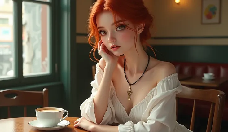  girl with red hair ,  pretty face,  eyes of European appearance , there is a pendant on the neck in the form of an antique key , in a long white dress  , sits at a table in a cafe , there is a cup of coffee and a saucer of cake on the table ,  realistical...