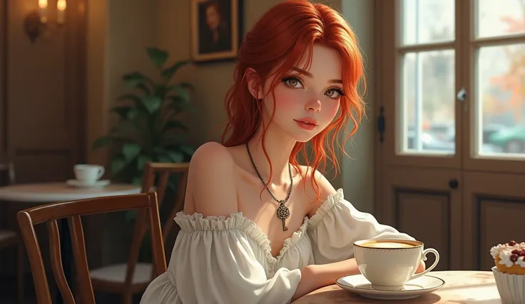  girl with red hair ,  pretty face,  eyes of European appearance , there is a pendant on the neck in the form of an antique key , in a long white dress  , sits at a table in a cafe , there is a cup of coffee and a saucer of cake on the table ,  realistical...