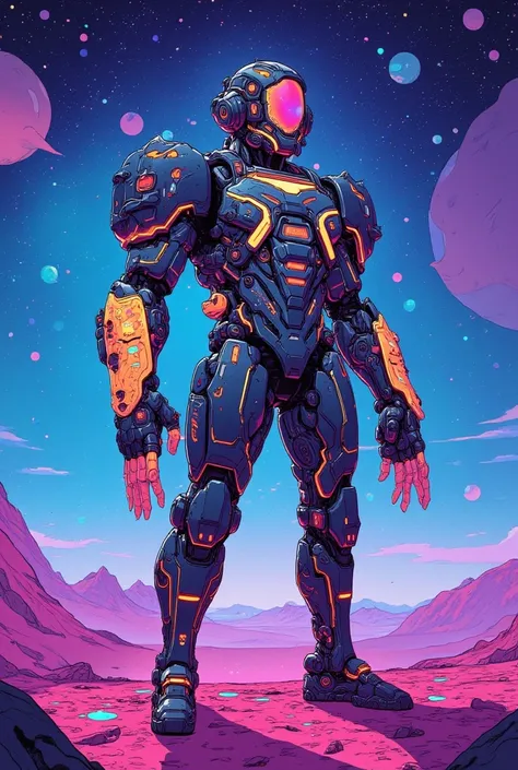 A space warrior on an unknown planet emures neon colors in a universe of colors