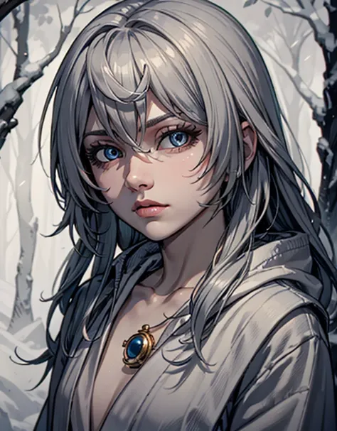 Female, cold breath, baggy robe, light grey eyes, long hair, thick eyelashes , extremely detailed, masterpiece, best quality, colored eyelashes, parted lips, frozen forest, shivering, blank eyes, light grey skin, detailed shadows 