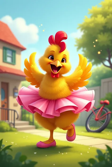 A lively, fluffy golden-feathered chicken wearing a bright pink tutu and tiny ballet slippers dances joyfully on a green front lawn. The chicken is mid-spin, wings flapping, with a big, confident smile. She looks energetic and playful, as if inviting every...