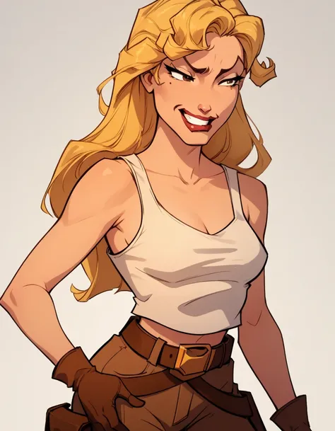 score_9, score_8_up, score_7_up,score_6_up, score_5_up, score_4_up , 1girl, solo, 
large breasts,
HelgaDG,
long hair, blonde hair, brown eyes, lips,
tank top, gloves, belt, brown pants, boots, crop top, 
smug, clenched teeth, 
 