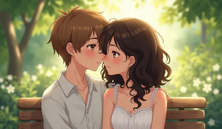  Create an image of a couple, The man has straight light brown hair and the woman has VERY curly dark brown hair, they both have brown eyes and fair skin and they are cuddling, Do them in a cute garden in the style of a very realistic anime, Make them sit ...