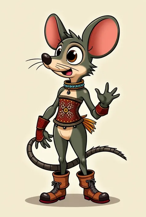 Hoogstraal's striped grass mouse  as A cartoon Character Give it boots and Humanoid form dinka beaded corset and gloves