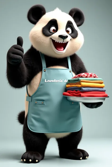 Create a charismatic Disney-style panda using a laundry apron. Have the words “Lavanderia do Panda” written on the apron. Make him happy and with one eye closed by giving a thumbs-up with one hand and holding a stainless steel tray with colorful, folded, a...