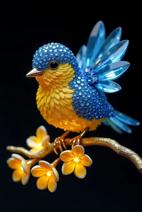 A stunning, highly detailed sculpture of an adorable little bird crafted from Swarovski crystals in vibrant shades of deep blue and yellow. The bird’s wings and body are intricately designed with overlapping gem-like feathers that catch and reflect light, ...