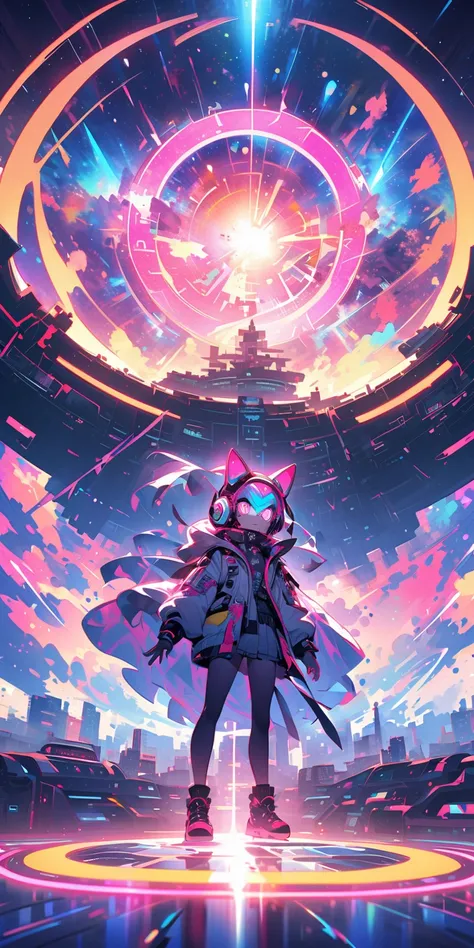 A futuristic and vibrant scene featuring a cosmic DJ cat with glowing headphones, standing on a neon-lit space station, with a starry galaxy and a glowing planet in the background. The scene is filled with colorful light streaks, giving a high-energy EDM v...