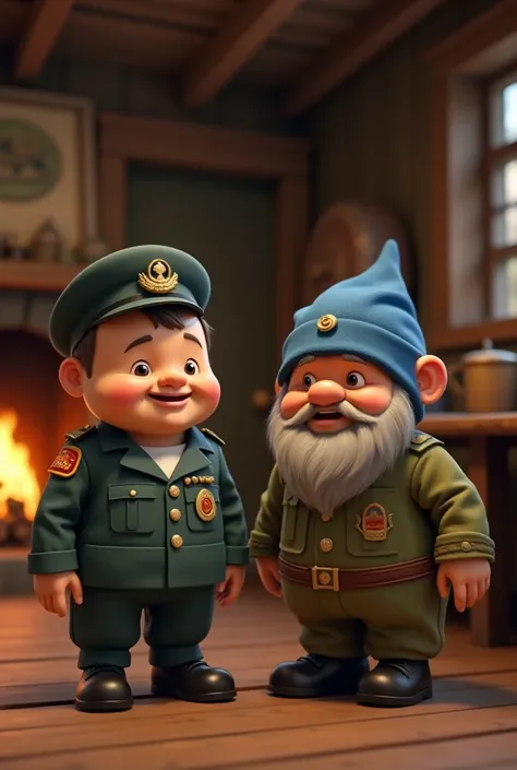 Create a 30-second video of a barracks lodge featuring a Chubby Little Sergeant and a Dwarf Sergeant with a blue cap 