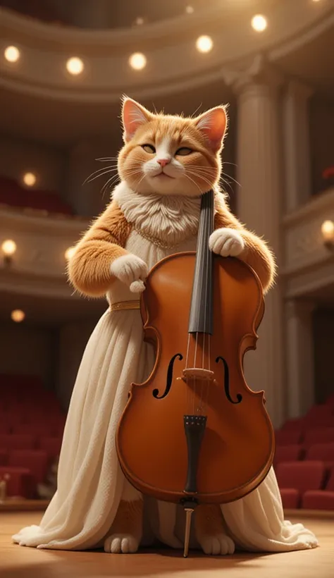 A photo-realistic image of a brown and white cat with a warm smiling face, 
standing on two legs in a formal evening gown, gracefully playing a cello on a grand concert hall stage. 
Spotlights, high detail, elegant ambiance.
