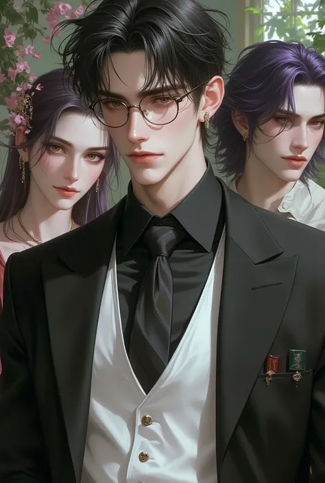 handsome male lecturer figure,  wearing a slimfit black shirt combined with a white vest and also a tie, wearing reading glasses with disheveled hair , , to the left and to the right is a beautiful woman, on the left a purple haired gradated sorority with ...