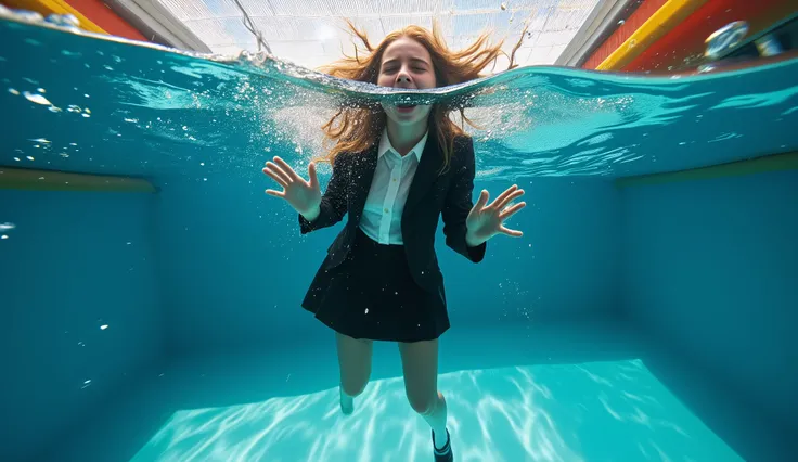 A beautiful 18-year-old girl in a black formal jacket, white blouse, black skirt and black high heels, shrieks as she is dunked in a carnival dunk tank. She is fully submerged beneath the surface of the water. She is facing the viewer. (Fully submerged,...