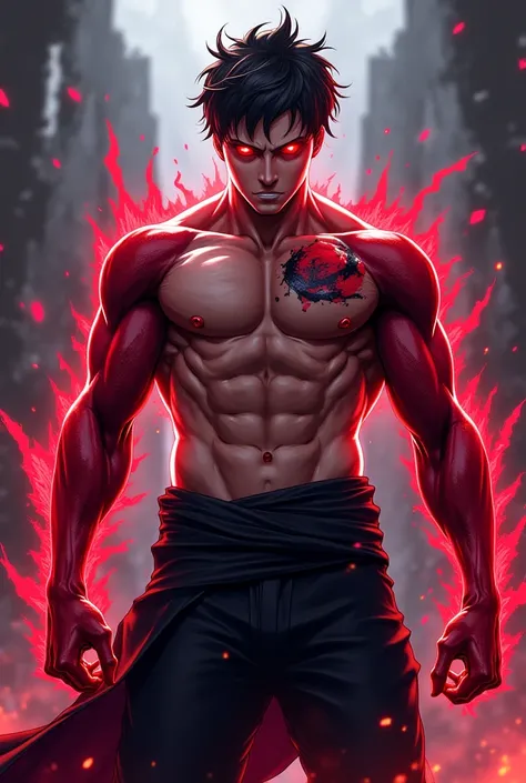 Demonio Azazel , Shirtless ninja dress with pants, red eyes and hair brushed back.  anime-style