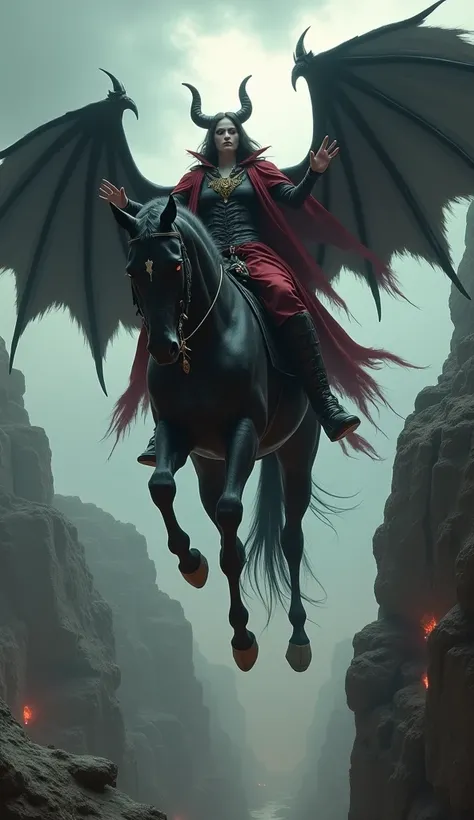 " A demonic figure of dark appearance rides an imposing black horse while soaring above a rocky landscape. The creature, with pale skin,  intense eyes and a menacing look ,  is raised to a considerable height ,  dominating the scene from above .  She wears...