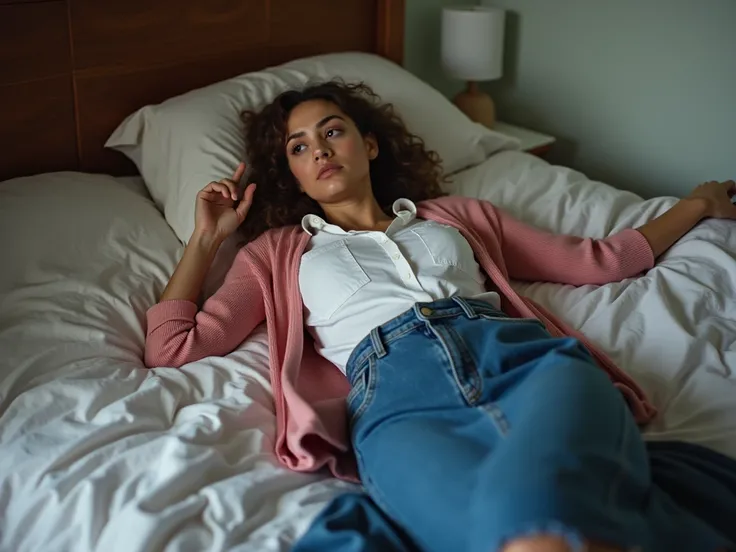 christian woman, denim long skirt with a white blouse and a pink cardigan, Lying on the bed in her bedroom , discouraged,  not knowing what to do , clothes scattered on the bedroom floor and also on your bed.  blouse she has brown hair and black eyes . 