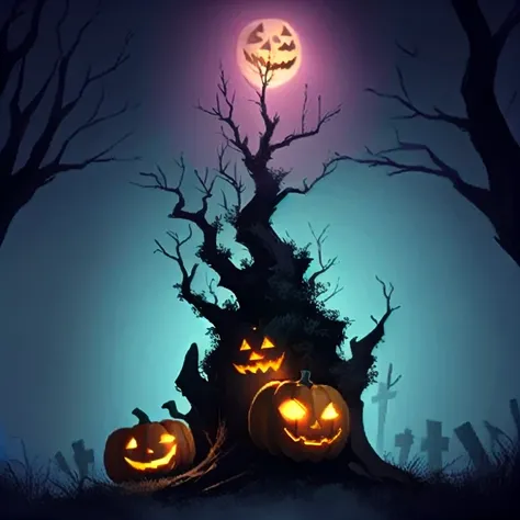 a close up of a cartoon of halloween tree with a bat in the background, (((halloween tree))), mysterious spooky tree, scary tree, scary bats in background, ghostly tree, wisp in the background, a friendly wisp, trees in the background, haunted background, ...