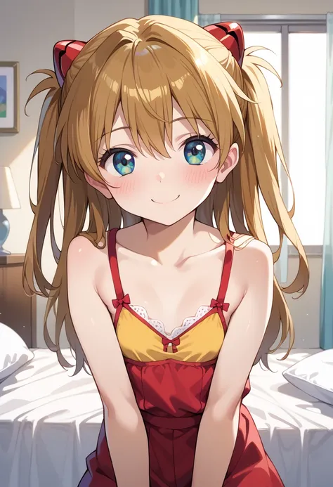 (( top quality)), (( Masterpiece)), (be familiar with),  perfect face,  indoor, bedroom,  watching viewers,
One woman,  Soryu Asuka Langley ,
開いた口,  ecstatic expression, blush, smile,
 small tits,  flat chest, Young girl,  lori,  s,  girl,
 long hair,  two...