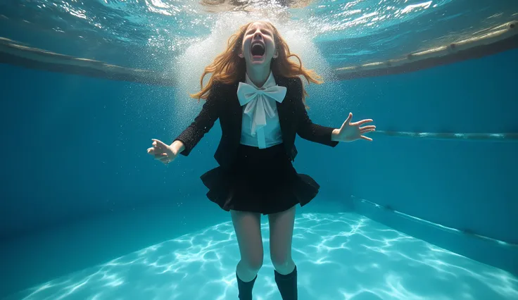 A beautiful 18-year-old girl in a black formal jacket, white blouse, black skirt and black high heels, shrieks as she is dunked in a carnival dunk tank. She has been dropped in and has now become fully submerged beneath the surface of the water. She is f...