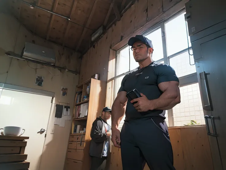 Male muscular body, A fat one in the pants, binoculars in hand, in front of a window