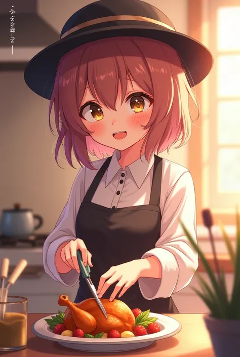 Beautiful woman wearing hat is cooking Chicken scissors in love kitchen 
There is writing
CHika Chicken SCISSORS CHICKEN 
It's anime