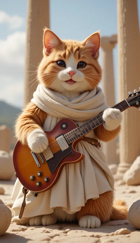 A photo-realistic image of a brown and white cat with a cheerful smiling face, 
dressed in a Greek toga-inspired outfit, standing upright playing an electric guitar among ancient Greek temple ruins. 
Bright daylight, very detailed scene.
