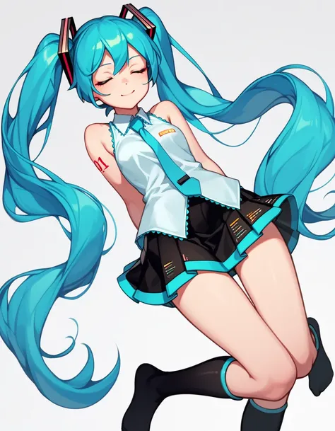 1 girla(pretty, Miku Hatsune, right blue hair, twin tail hair, sleeveless white shirt, black short skirt, black long socks, closed eyes)