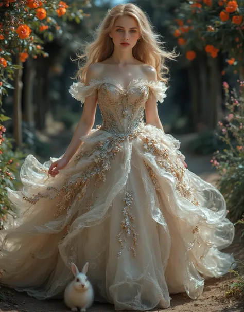 Create a very detailed image of a beautiful princess dressed in a beautiful princess dress with her pet the rabbit)