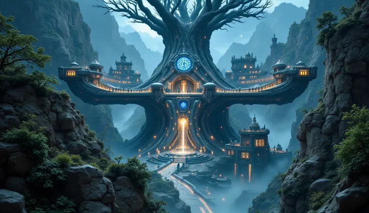 "Mythical Nordic city built on the branches of Yggdrasil, the World Tree, with futuristic wooden longhouses and steel towers. The city is connected by glowing bridges and walkways, and the tree's roots stretch into a void filled with stars. In the center o...