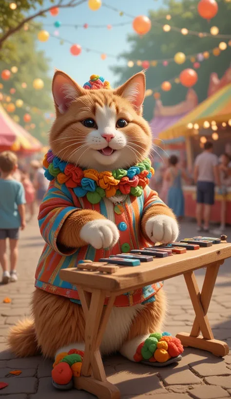 A highly detailed, realistic photo of a brown and white cat with a big joyful smile, 
wearing a colorful clown costume, standing on two legs playing a xylophone at a carnival. 
Bright festive atmosphere, vibrant colors.
