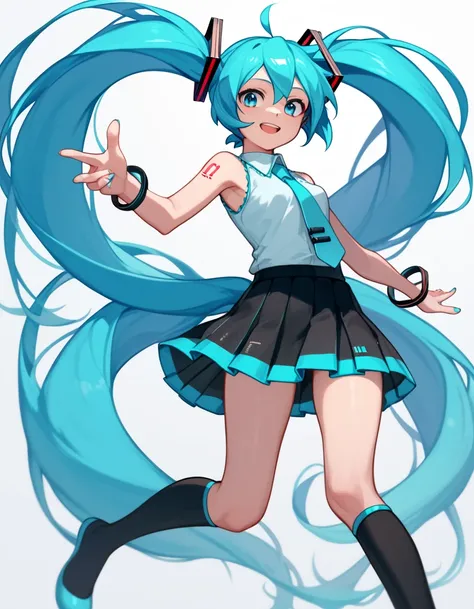 1 girla(pretty, Miku Hatsune, right blue hair, twin tail hair, sleeveless white shirt, black short skirt, black long socks)