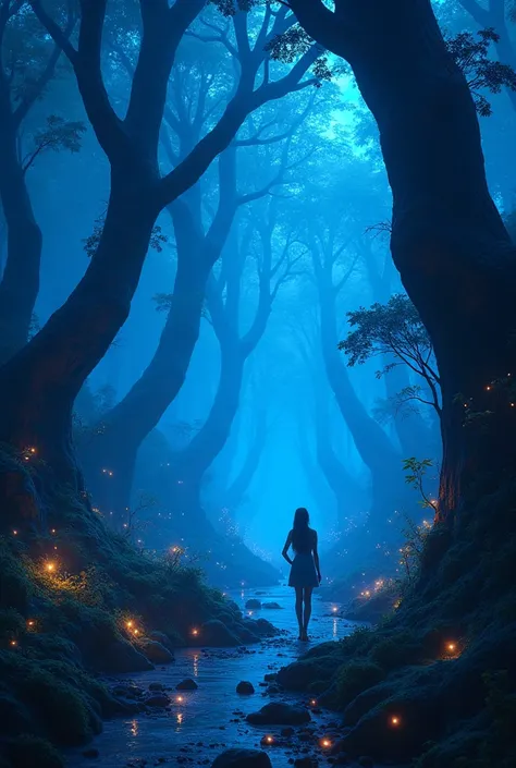  forest,  bioluminescence , another planet, blue lights. With fireflies and Amazon tree 