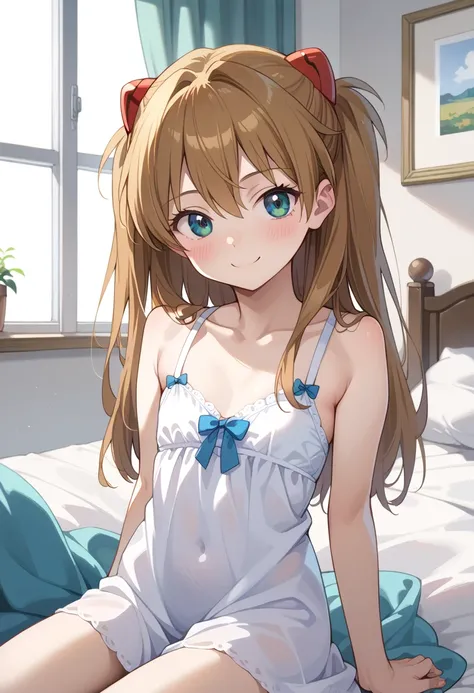 (( top quality)), (( Masterpiece)), (be familiar with),  perfect face,  indoor, bedroom,  watching viewers,
One woman,  Soryu Asuka Langley ,
開いた口,  ecstatic expression, blush, smile,
 small tits,  flat chest, Young girl,  lori,  s,  girl,
 long hair,  two...