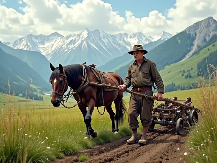 photo realistic, high definition, masterpiece: in a setting of Carpathian mountain pastures, we see an old peasant plowing his land with a plow-hoe pulled by a draft horse (muscular horse, hairy legs)