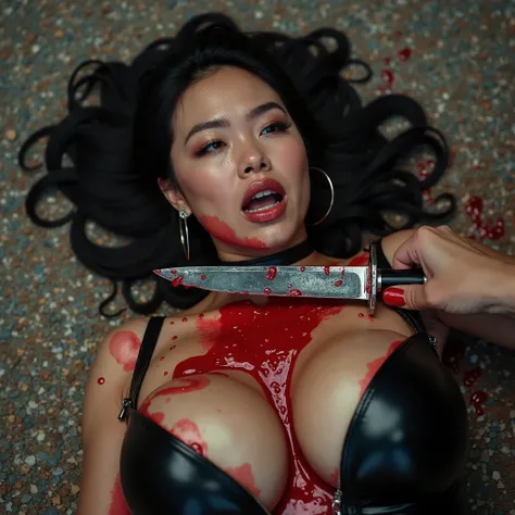 Gorgeous asian woman, with ponytail, hoop earrings, choker, huge oversized breasts that have red liquid that barely covers them with black leather body suit over it that's been unzipped & ripped open. She is lying on her back of floor of gravel ground. She...