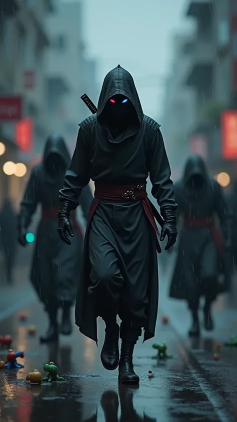 Ninja Assassin, assassins, rain, raining 4K , blue eyes,  red eyes,  purple eyes, toys, 