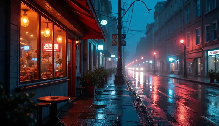 "A cozy nighttime cityscape with neon lights reflecting on the streets, a warm café window glowing in the background, vinyl record and cassette tape elements, with a soft and dreamy lo-fi aesthetic."