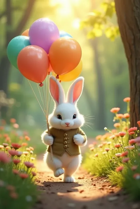 A white rabbit with balloons walks along a forest path.  summer. Bright sun and flowers