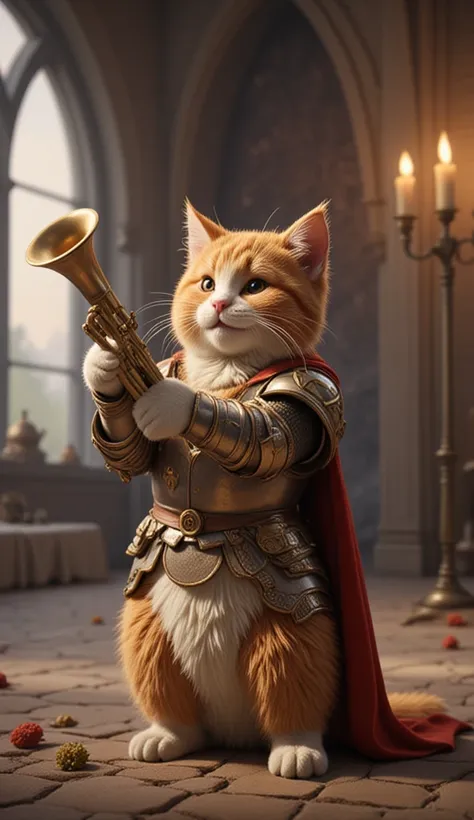 A realistic photograph of a brown and white cat with a confident smiling face, 
wearing shiny medieval knight armor, standing on two legs playing a trumpet in a grand stone castle hall. 
Torchlit setting, highly detailed.
