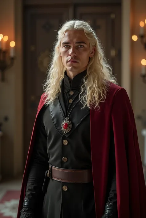 A handsome Aesthetic Targaryen Prince with long curly platinum blonde hair, Jean Val jean. he's wearing a royal black Cotton hard Prince Costume with Dark Red cloak on his right back shoulder, He's walking to game of thrones Iron throne on a large throne r...