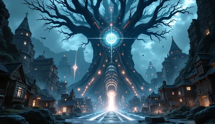 "Mythical Nordic city built on the branches of Yggdrasil, the World Tree, with futuristic wooden longhouses and steel towers. The city is connected by glowing bridges and walkways, and the tree's roots stretch into a void filled with stars. In the center o...