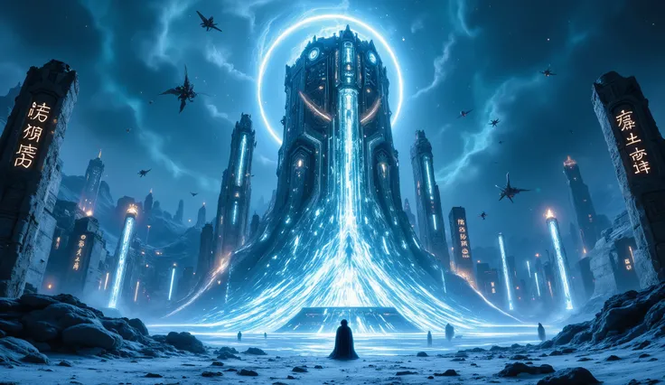 "Massive mythical Nordic city built in a frozen wasteland, with towering skyscrapers made of glowing ice and steel. The buildings are adorned with holographic carvings of runes, dragons, and gods, and the streets are lit by neon braziers. In the center of ...