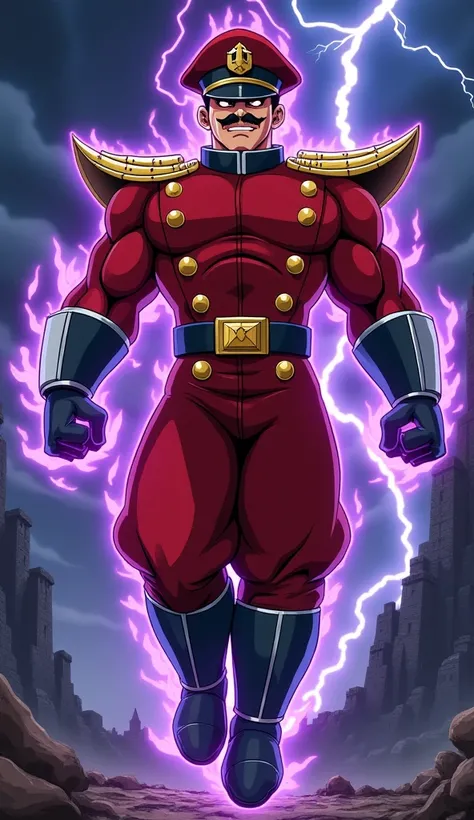 
"A Dragon Ball Z-style anime character inspired by M. Bison from Street Fighter 2, depicted in the Dragon Ball Z style. He has a muscular build,moustache,glowing red eyes, and a sinister grin. He wears a red military uniform complete with a distinct red p...