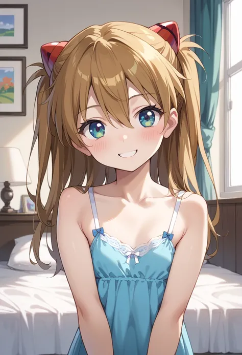 (( top quality)), (( Masterpiece)), (be familiar with),  perfect face,  indoor, bedroom,  watching viewers,
One woman,  Soryu Asuka Langley ,
開いた口,  ecstatic expression, blush, smile,
 small tits,  flat chest, Young girl,  lori,  s,  girl,
 long hair,  two...