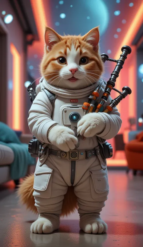 A hyper-realistic photo of a brown and white cat with a bright smiling face, 
wearing a futuristic space suit, standing on two legs playing bagpipes inside a sci-fi spaceship lounge. 
Neon accents, high-tech details.
