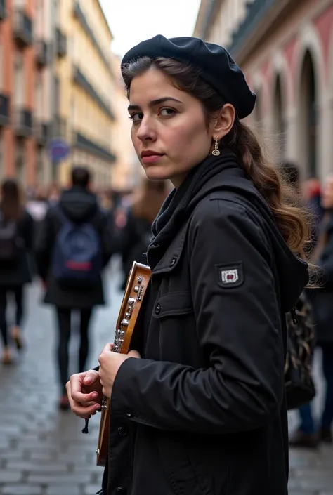  Young woman by Pier Morena with cut measures fade , with black jacket , black streetlights and thick black ,  playing the tambourine on cobblestone streets and in the background several female students 