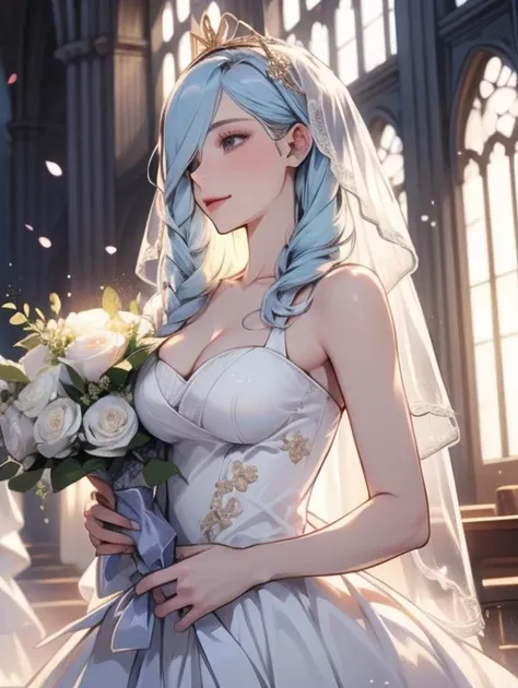 (  Masterpiece,   Top Quality:1.2),   in the seat, ((    medium hair  )), ((  Thick light blue hair )), (  straight hair), ((    Pry Your Hair Into Your Face  )), ( The hair hangs down to hide one eye), ( Right Eye Hair   ), ((  bride costume)), (  Detaile...